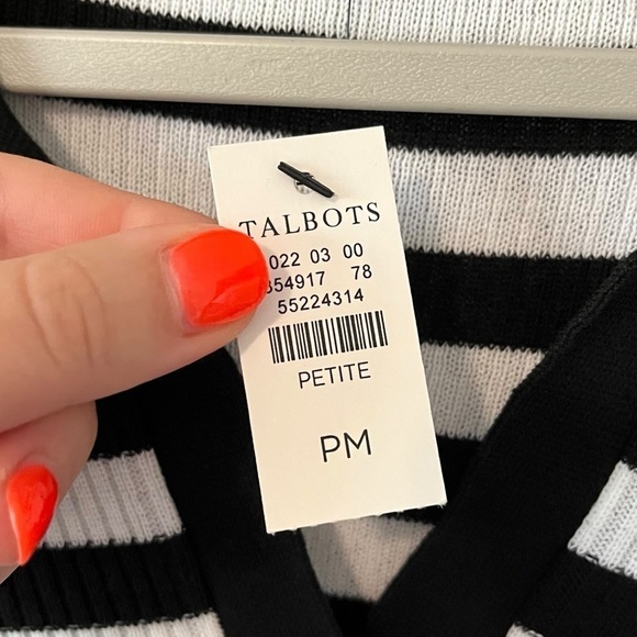 Talbots Petite Medium Johnny Collar Pullover Top Mariner Stripe Black White NEW - Picture 7 of 8